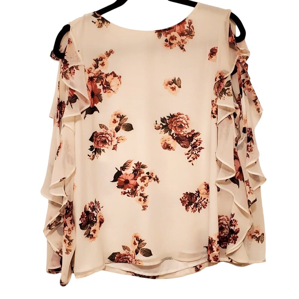Sz Medium VINCE CAMUTO White Floral Open Long Ruffled Sleeve Lined Blouse